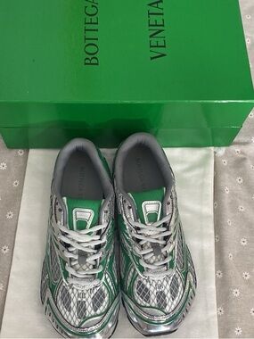 Bottega Veneta Silver and Green Mesh Runner Sneakers